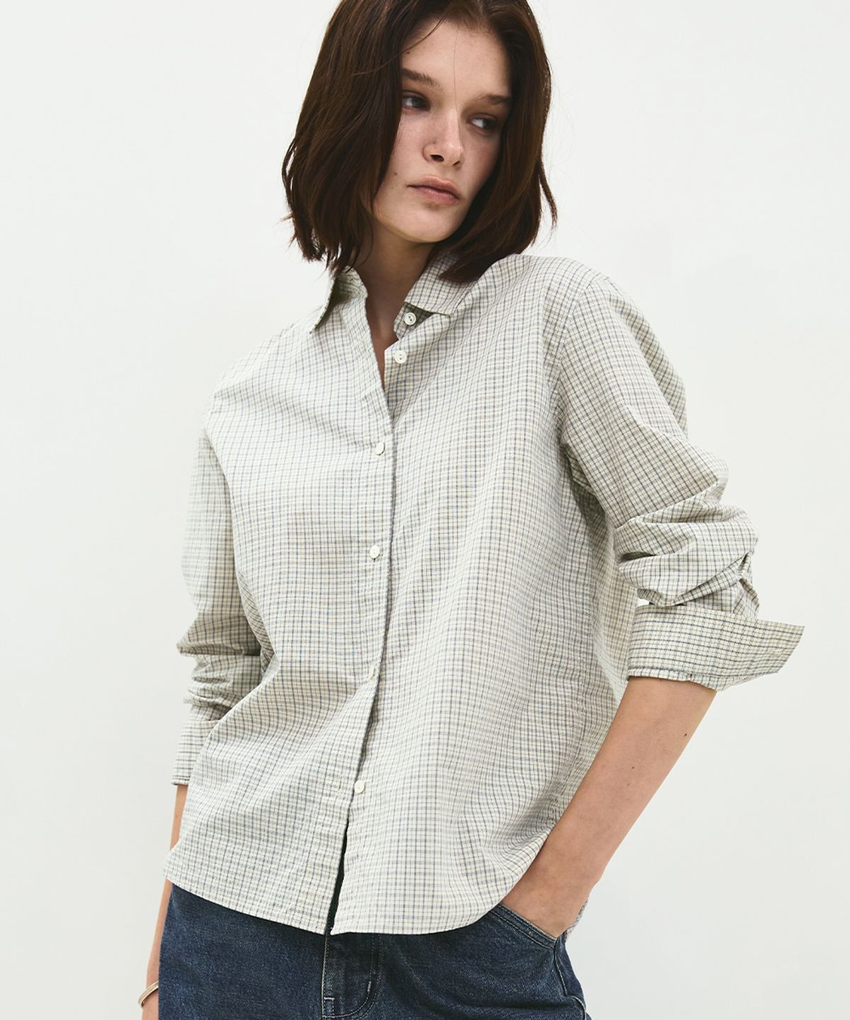 러프사이드 화이트라벨(ROUGH SIDE WHITE LABEL) Cropped Check Shirt Blue Check