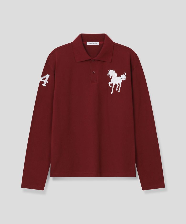 홀스 자수 크롭 긴팔 카라티_버건디