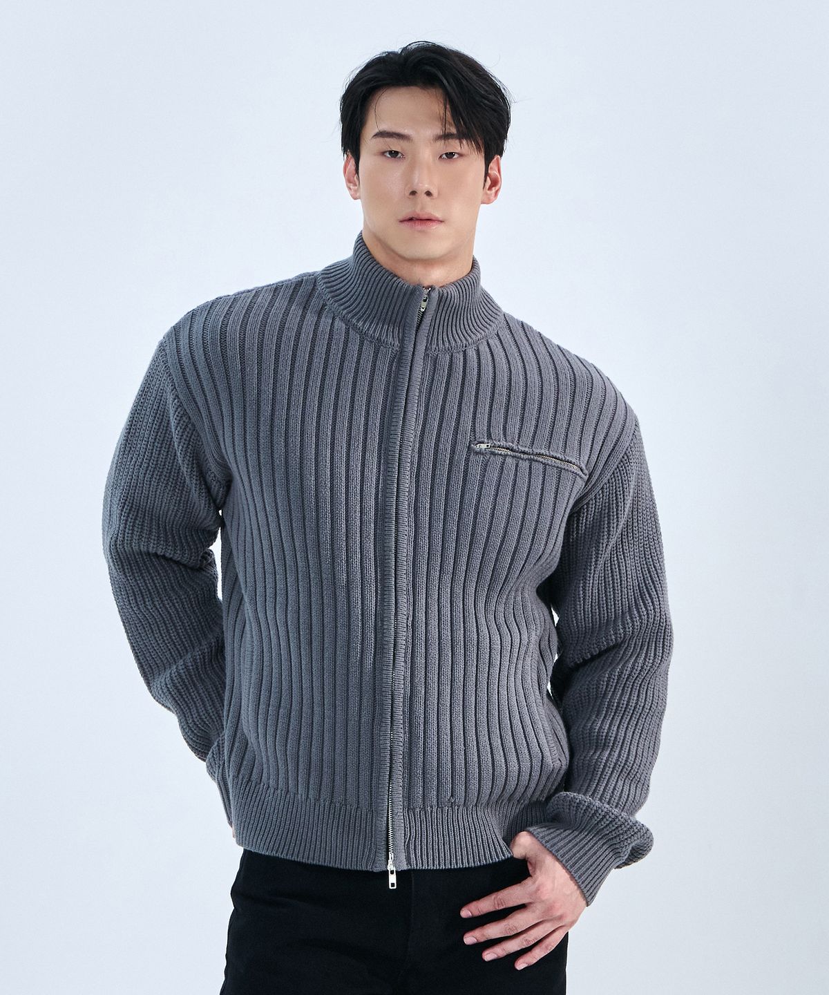 나인제트(NINEZ) 하이넥 리브드 니트 오픈 집업 (3color)