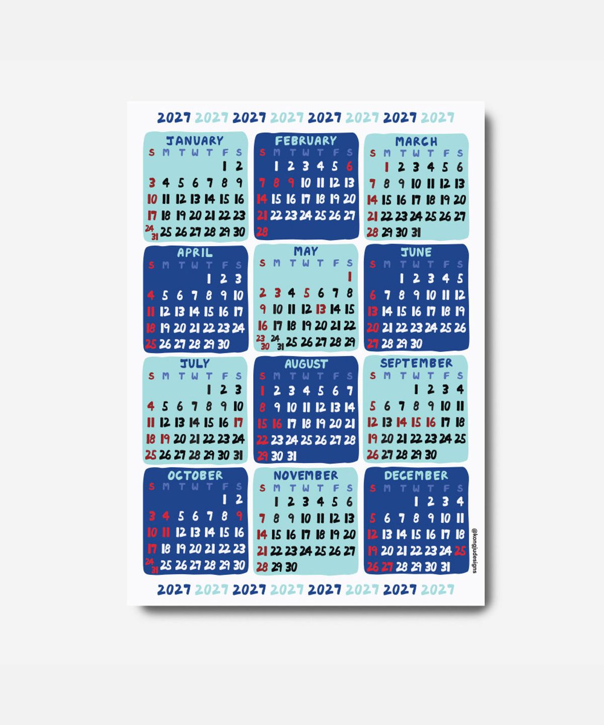 콩주편지(KONGJUDESIGNS) 2027년 연간 달력 포스터 A3