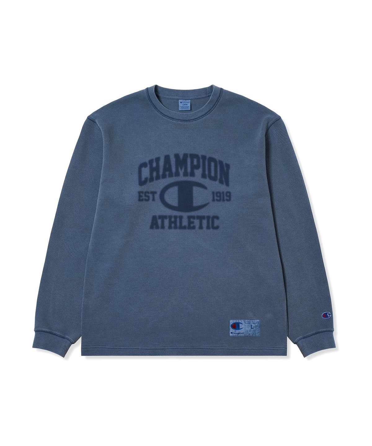 챔피온(CHAMPION) 로고 다잉 와플 롱슬리브 티셔츠 Blue