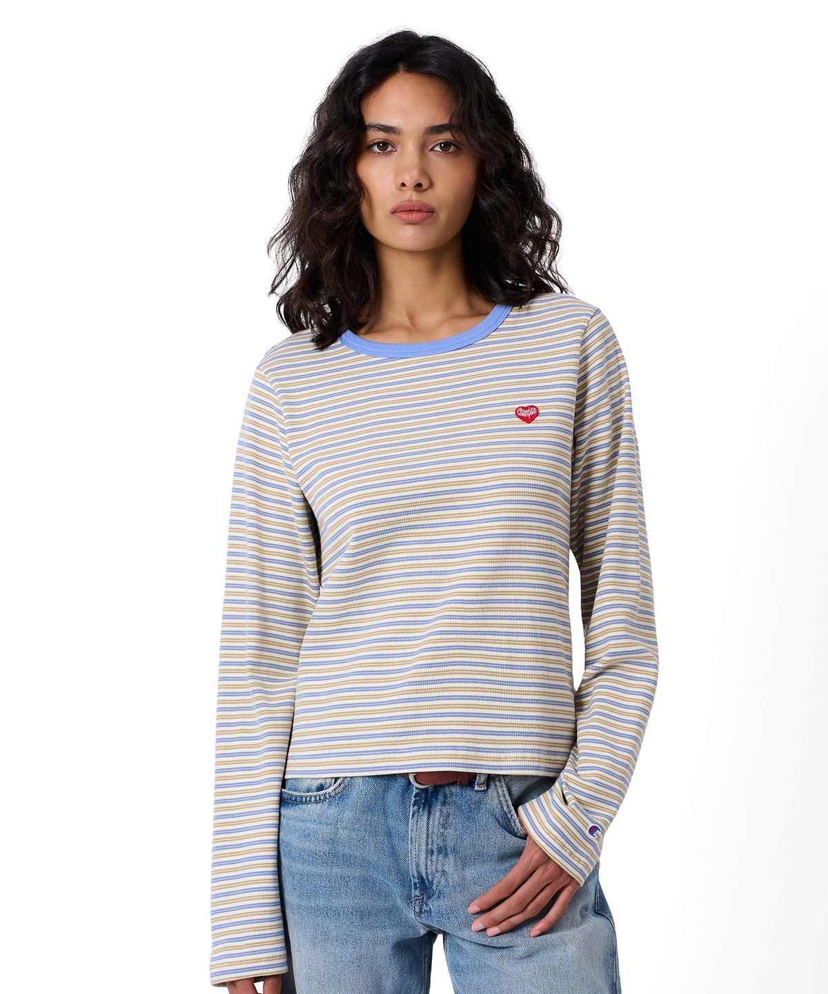 챔피온(CHAMPION) 여성 하트 로고 스트라이프 롱슬리브 Light Blue