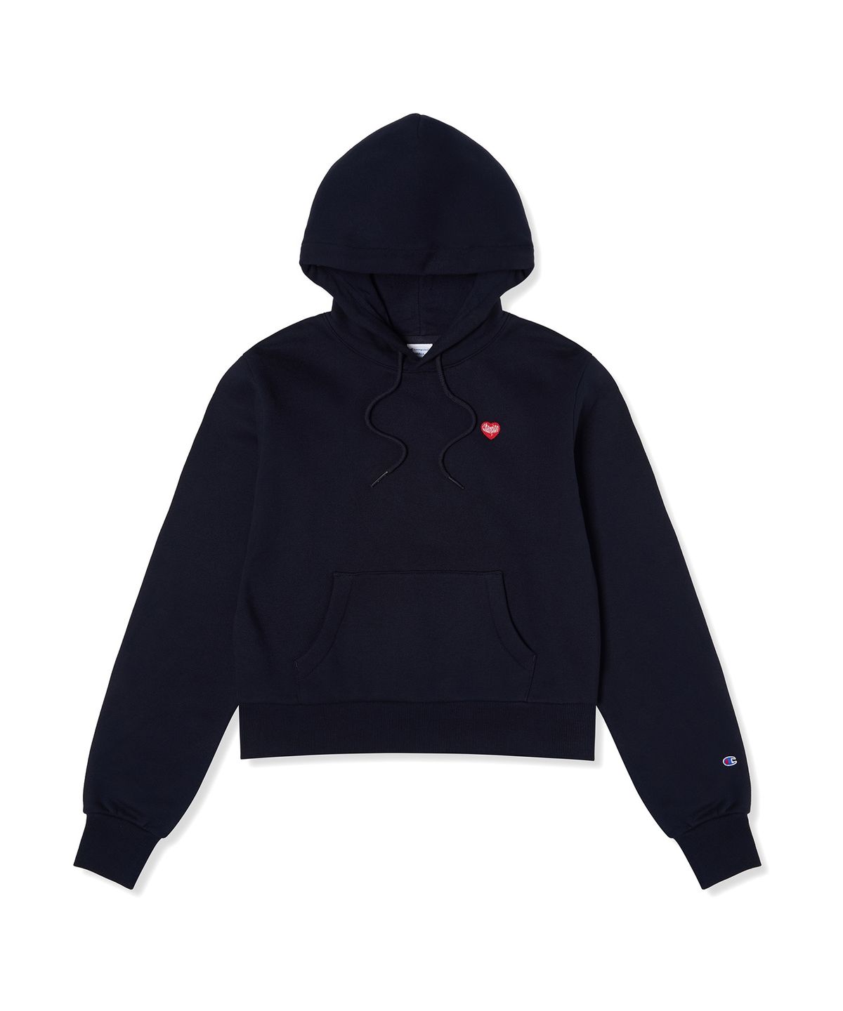 챔피온(CHAMPION) 여성 하트 로고 크롭 기모 후드 티셔츠 Navy