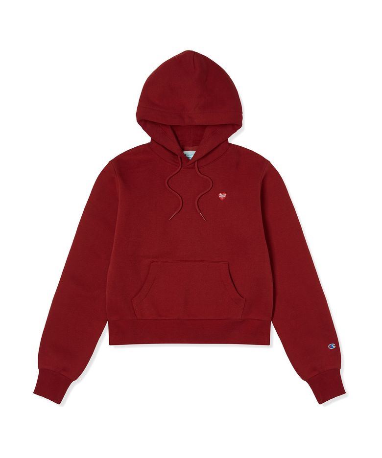 여성 하트 로고 크롭 기모 후드 티셔츠 Red