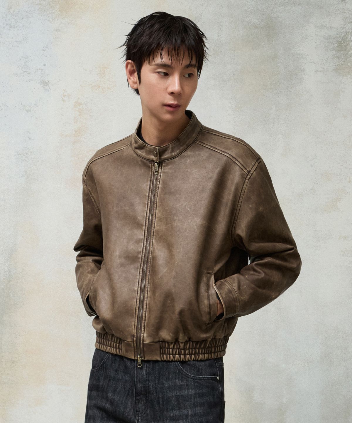 에이지오디(AGOD) 빈티지 레더 바이커 블루종 [브라운]
