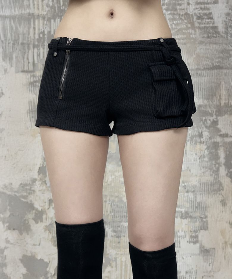 Waffle Zipper Hot Pants (Black)