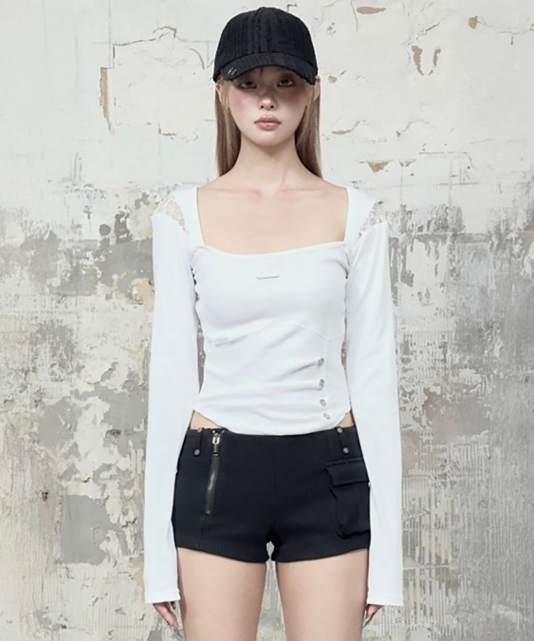 Bust Line Pintuck Detail Long Sleeve (White)