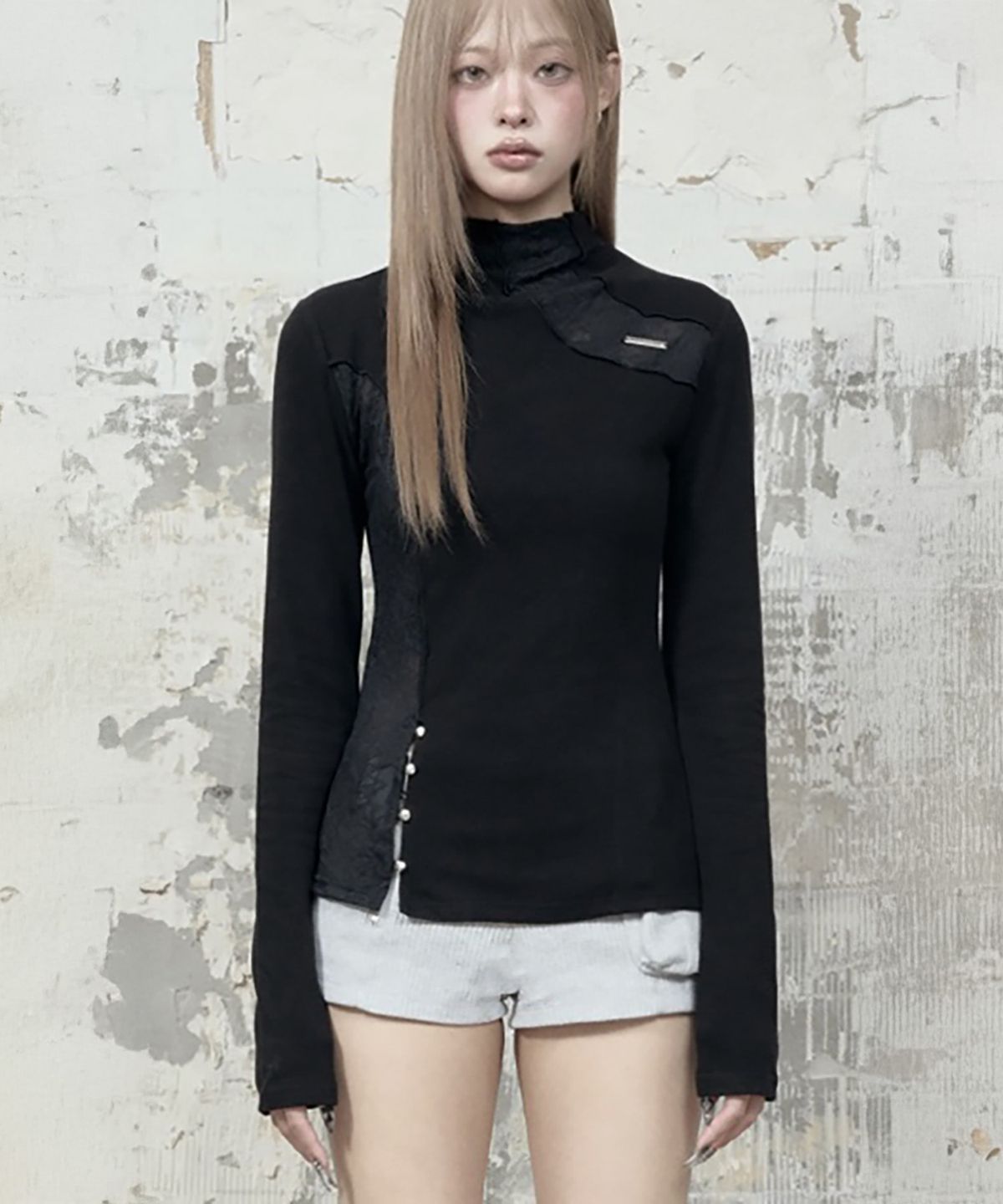 에트오소메(ETRE AU SOMMET) Lace Layer High Neck Slim Long Sleeve (Black)