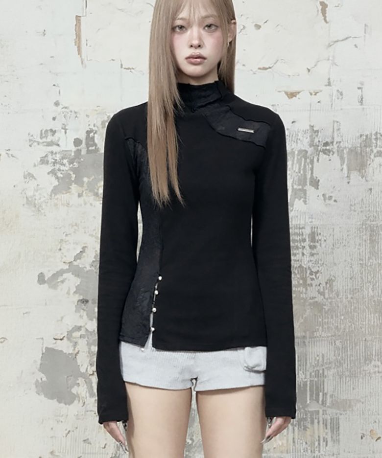 Lace Layer High Neck Slim Long Sleeve (Black)