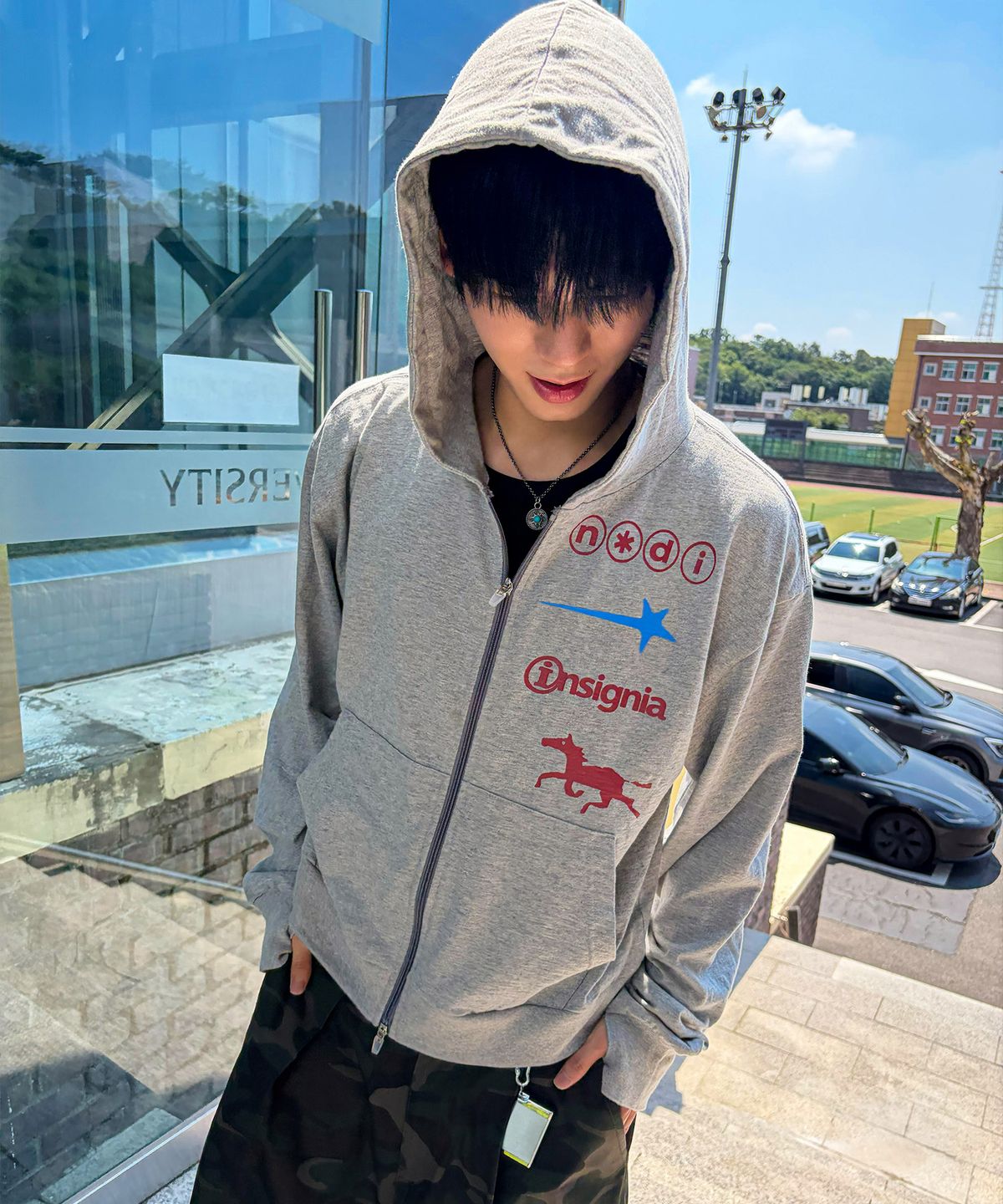 노디(NODI) 시그널 스타 슬럽 라이트 후드 집업 멜란지 그레이