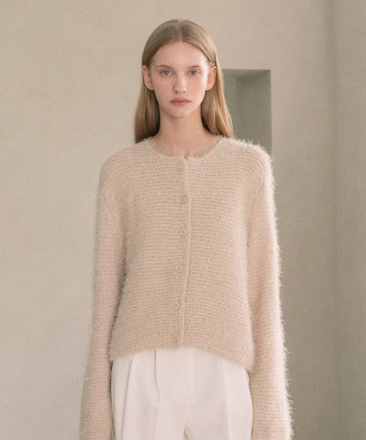 블레티(VLETI) Wool 100% Wave Knit Cardigan (light pink)