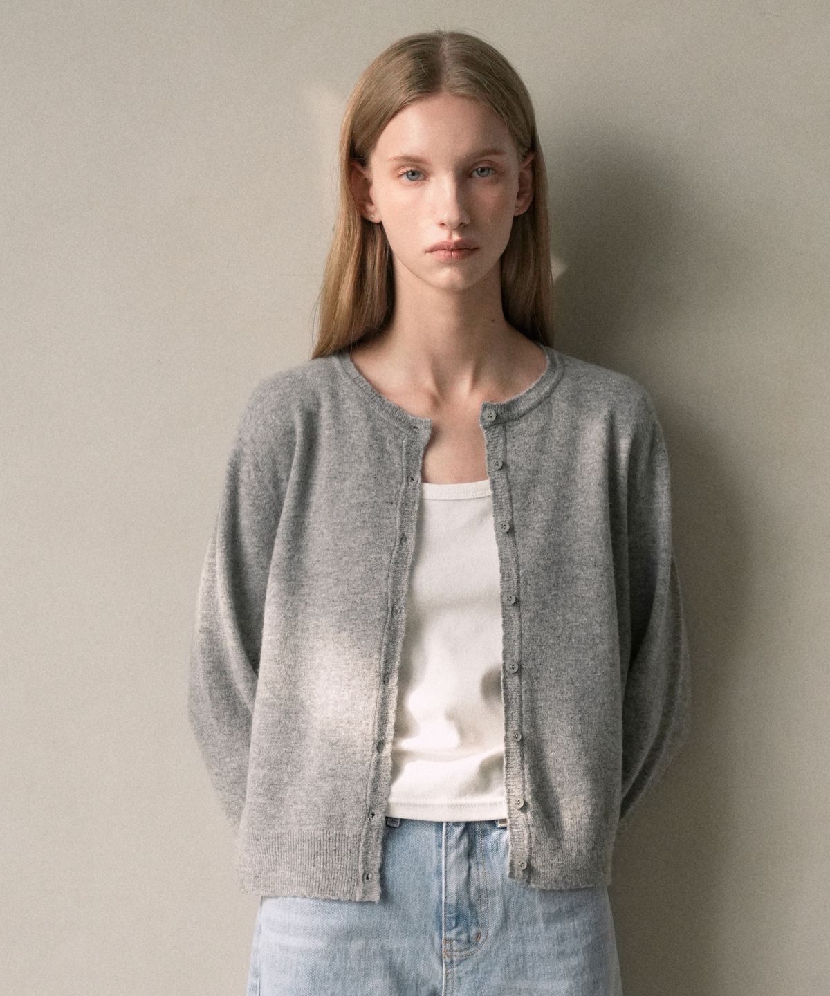 블레티(VLETI) Wool 100% Wave Knit Cardigan (gray)