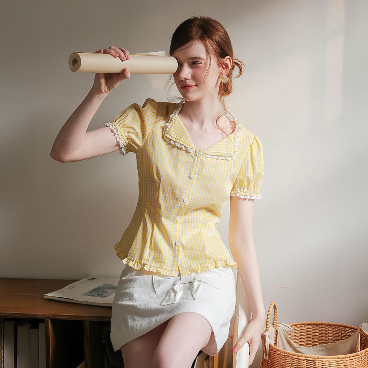쎄무아듀(CEST MOIDEW) Cest_Slim lace gingham blouse