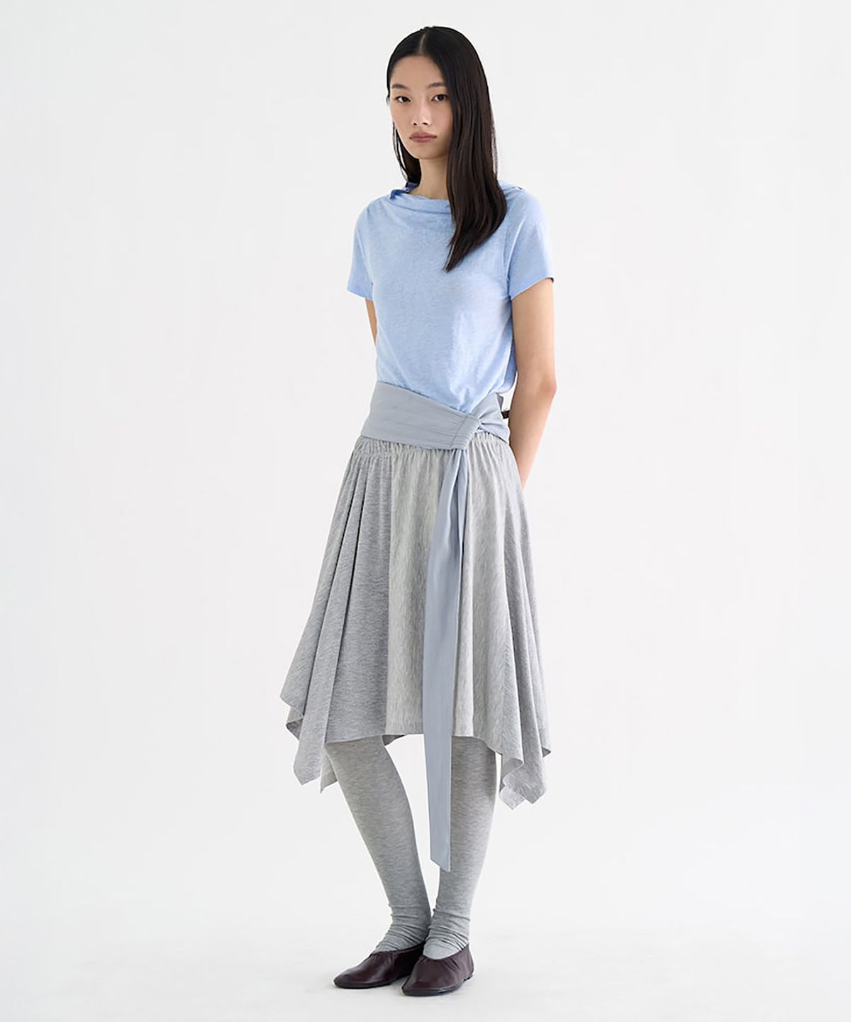 앙개(ANGGAE) Unbalanced Jersey Skirt  Light Grey
