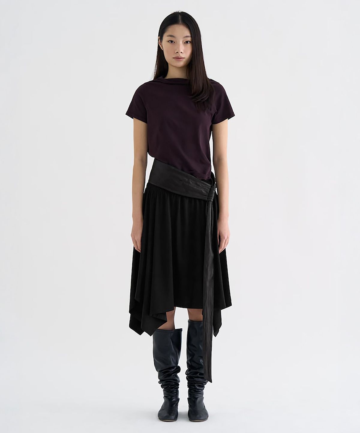 앙개(ANGGAE) Unbalanced Jersey Skirt  Black