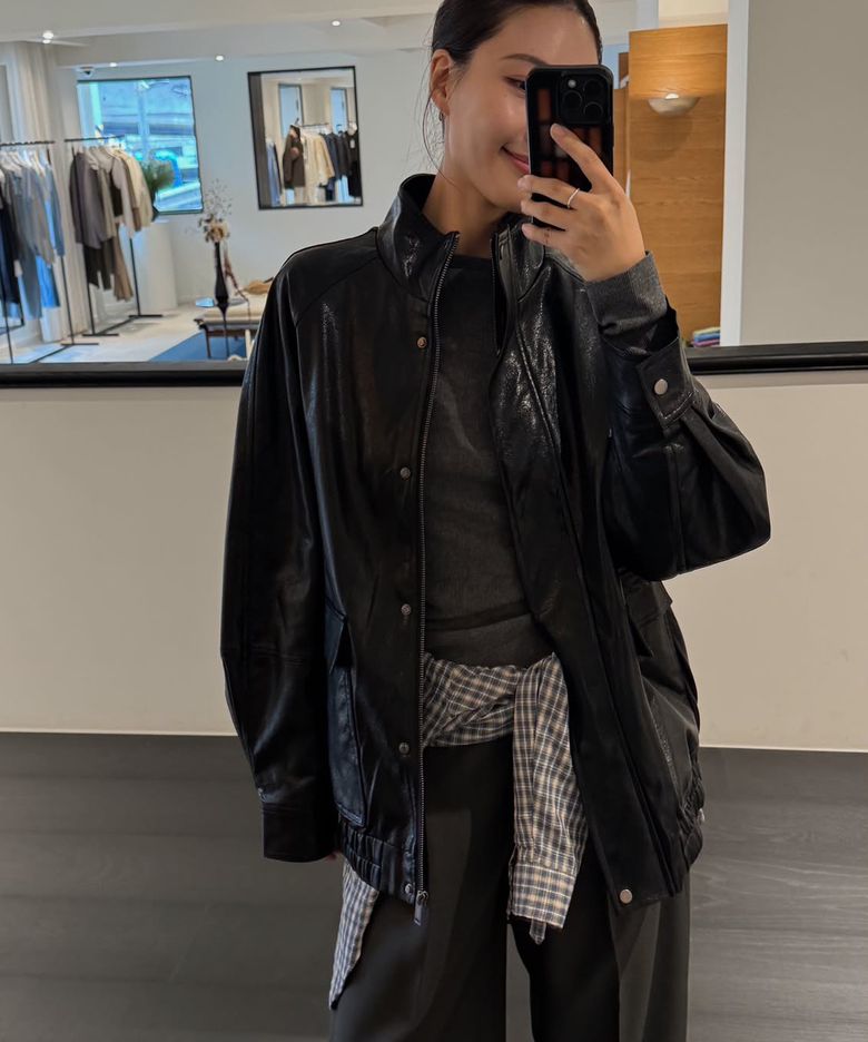 Pocket leather overfit blouson_Black
