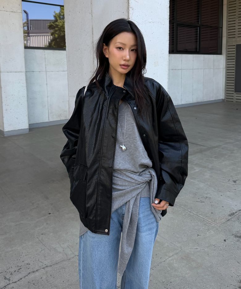 Pocket leather overfit blouson_Black