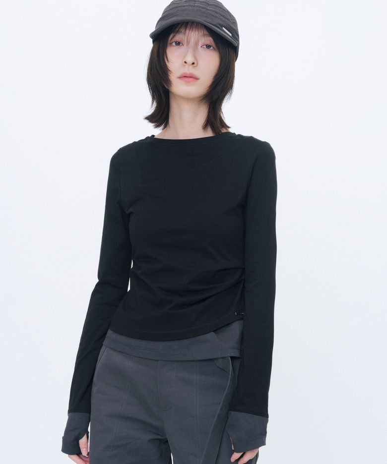 Asymmetric contrast long sleeve BLACK