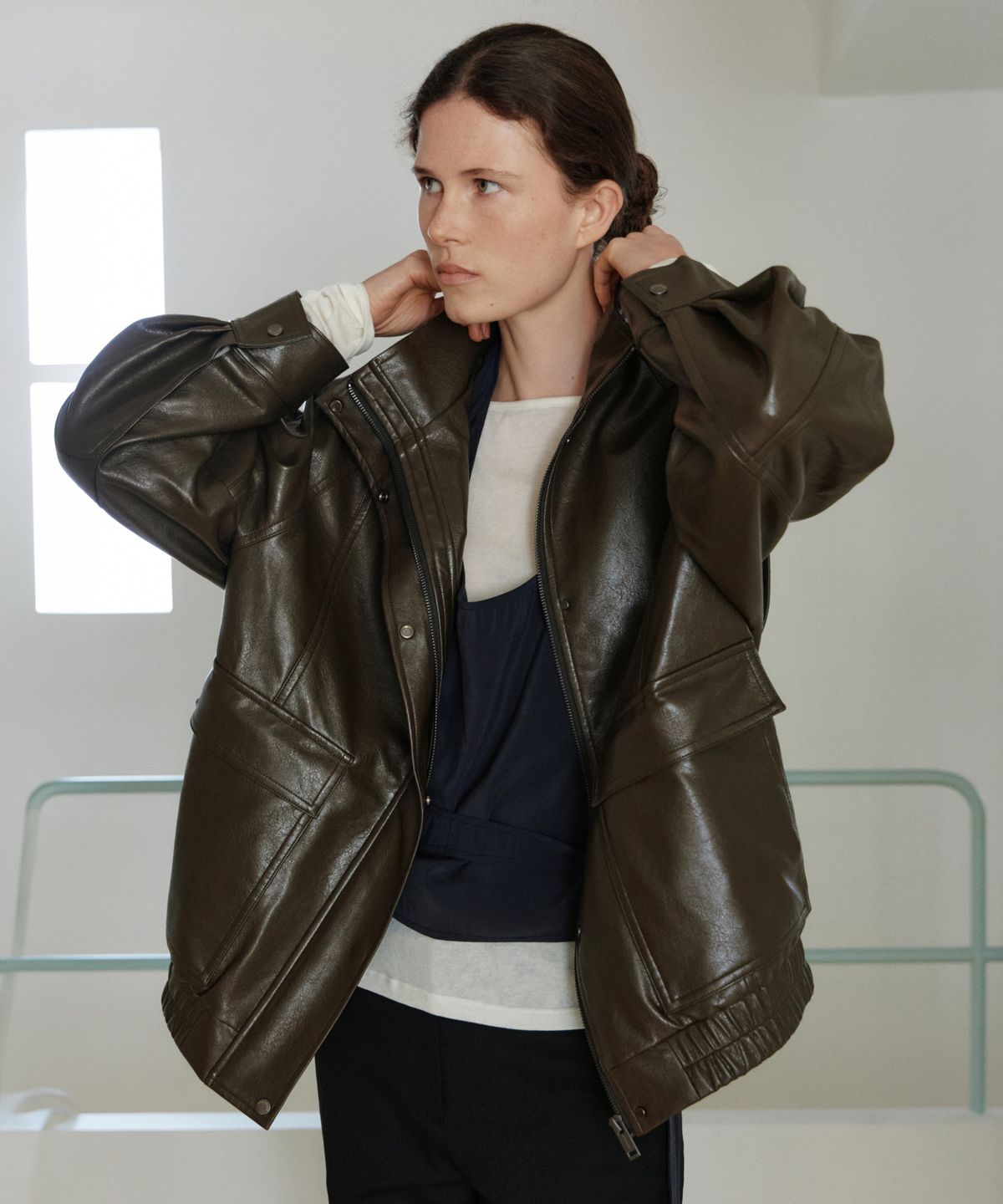 유라고(URAGO) Pocket leather overfit blouson_Khaki brown