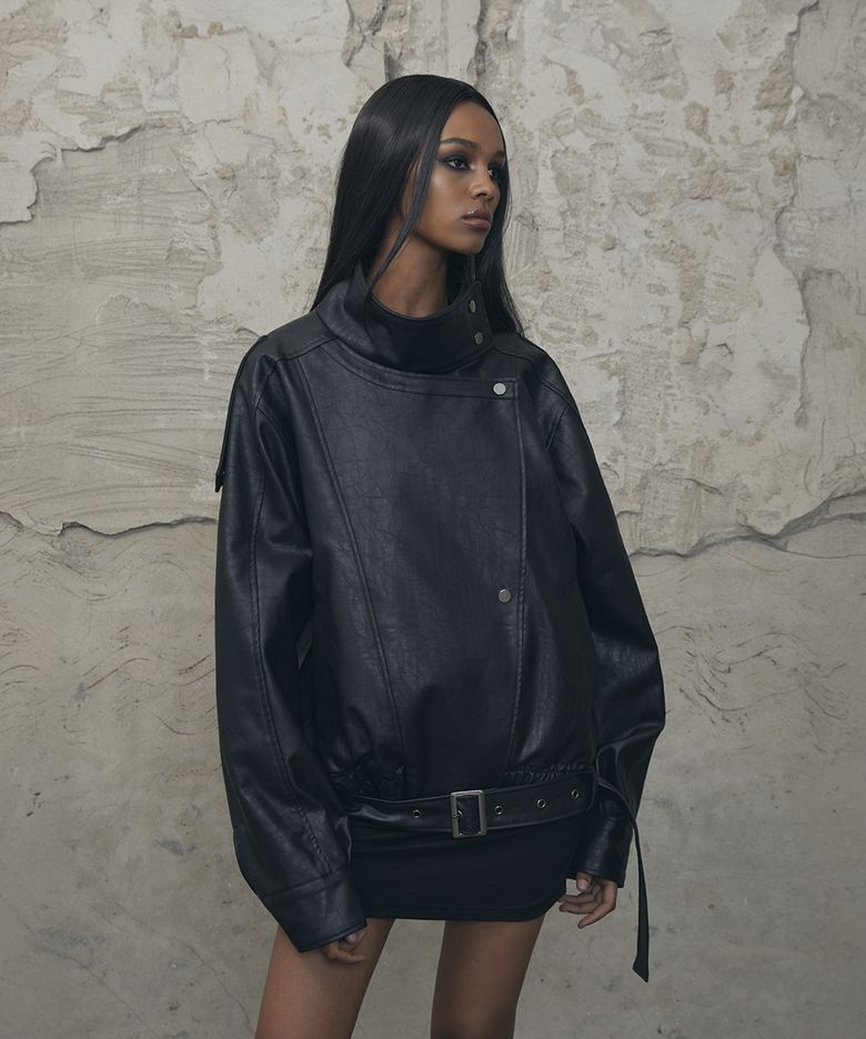 Belt High-Neck Leather Jacket (BLACK)