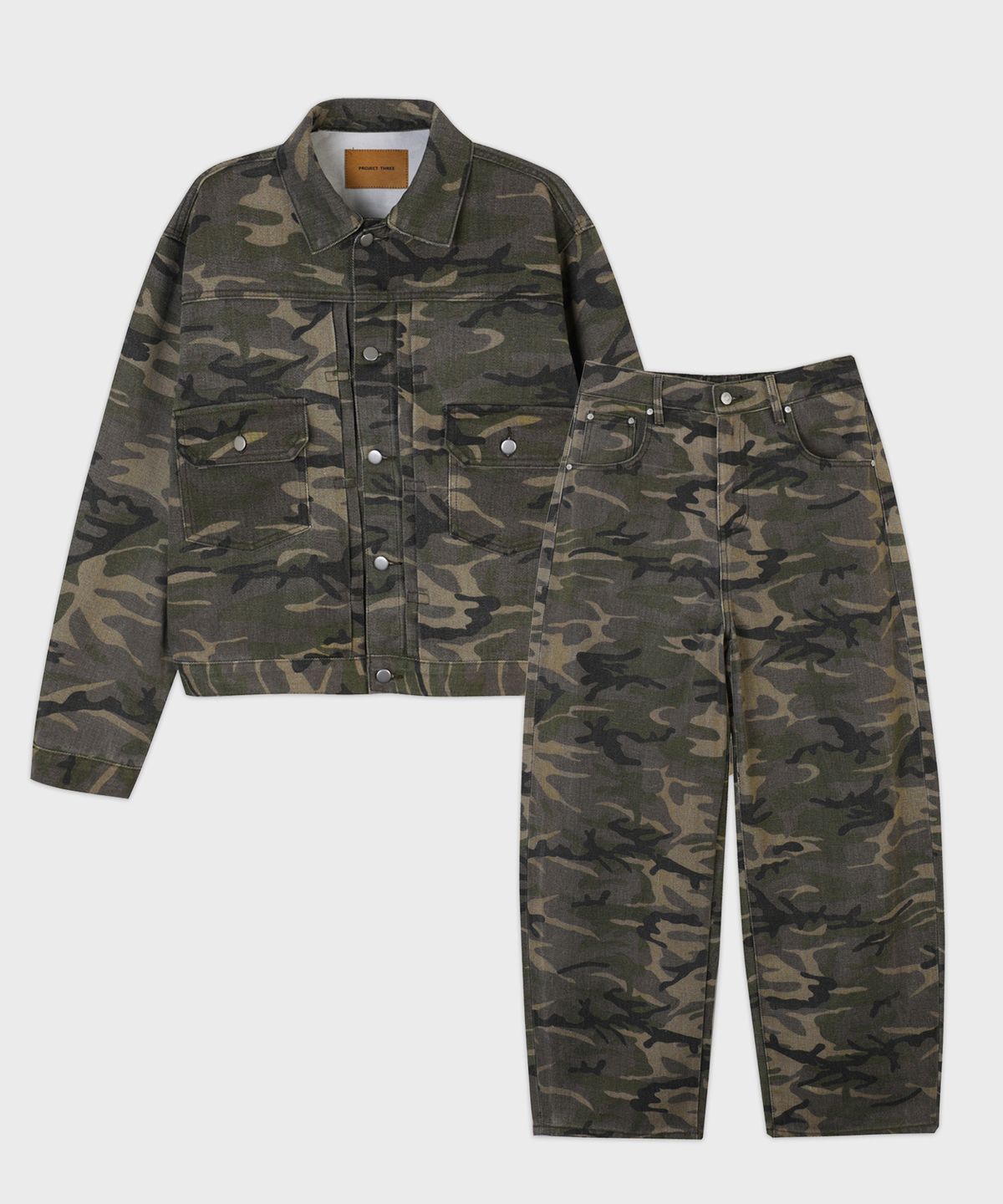 프로젝트쓰리(PROJECT3) 카모 데님 팬츠 자켓 셋업 세트[BEIGE CAMO]_SET0183