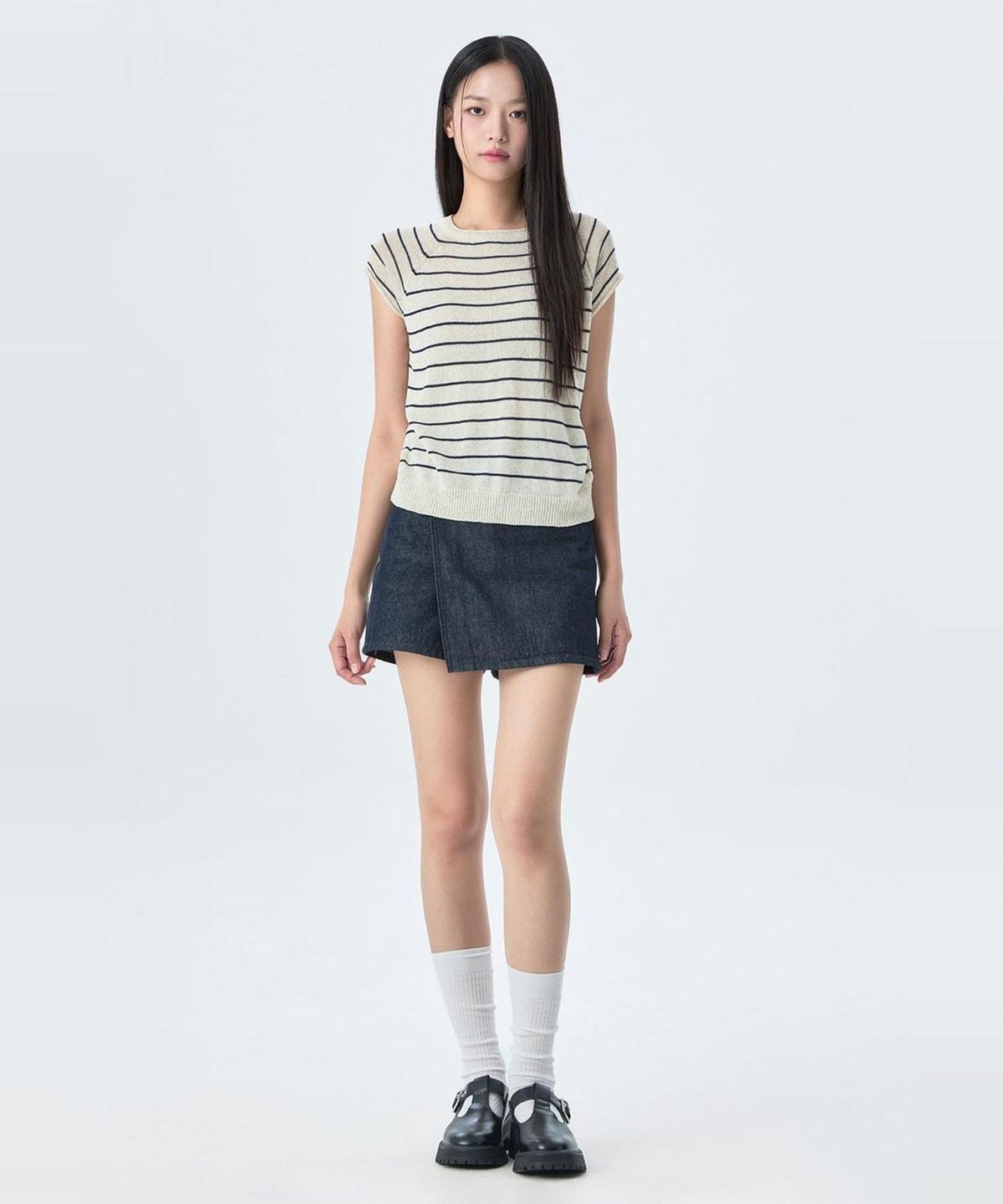 미쏘(MIXXO) 린넨 스트라이프 반팔 니트_MIWKAG99AS