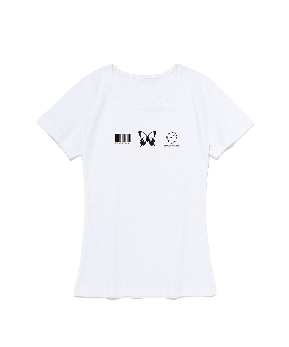 서울어패럴(SEOUL APPAREL) 스몰 버터플라이 로고 슬림 브이넥 반팔티셔츠 (화이트)