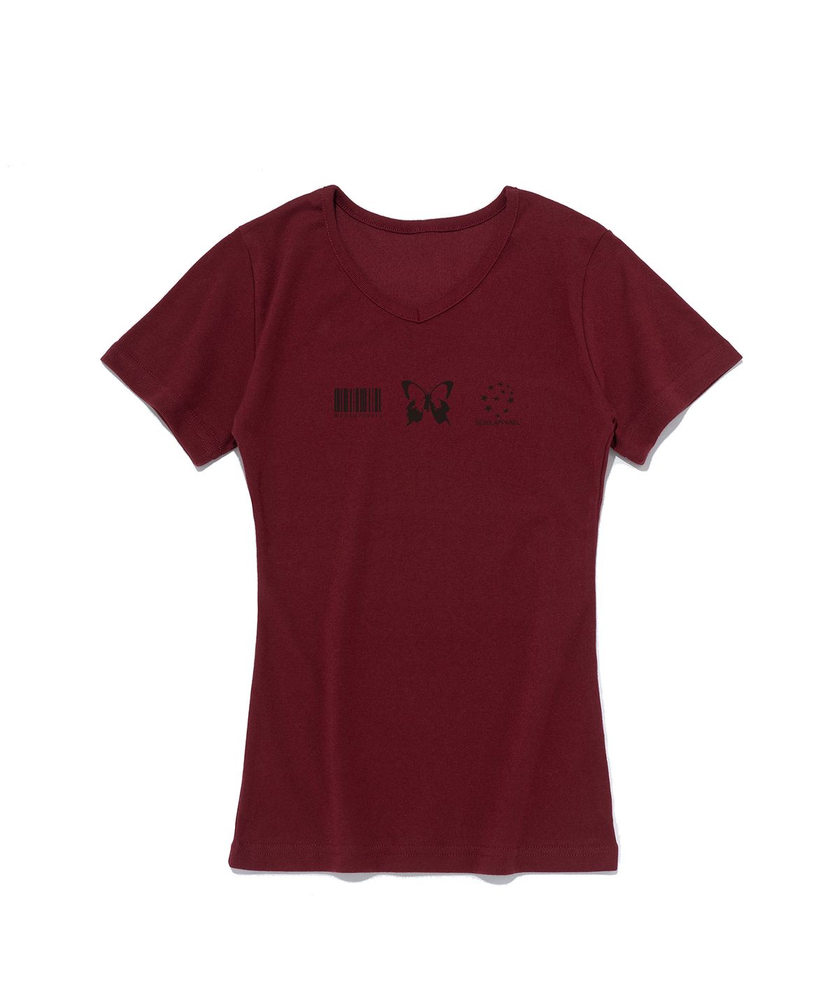 서울어패럴(SEOUL APPAREL) 스몰 버터플라이 로고 슬림 브이넥 반팔티셔츠 (와인)