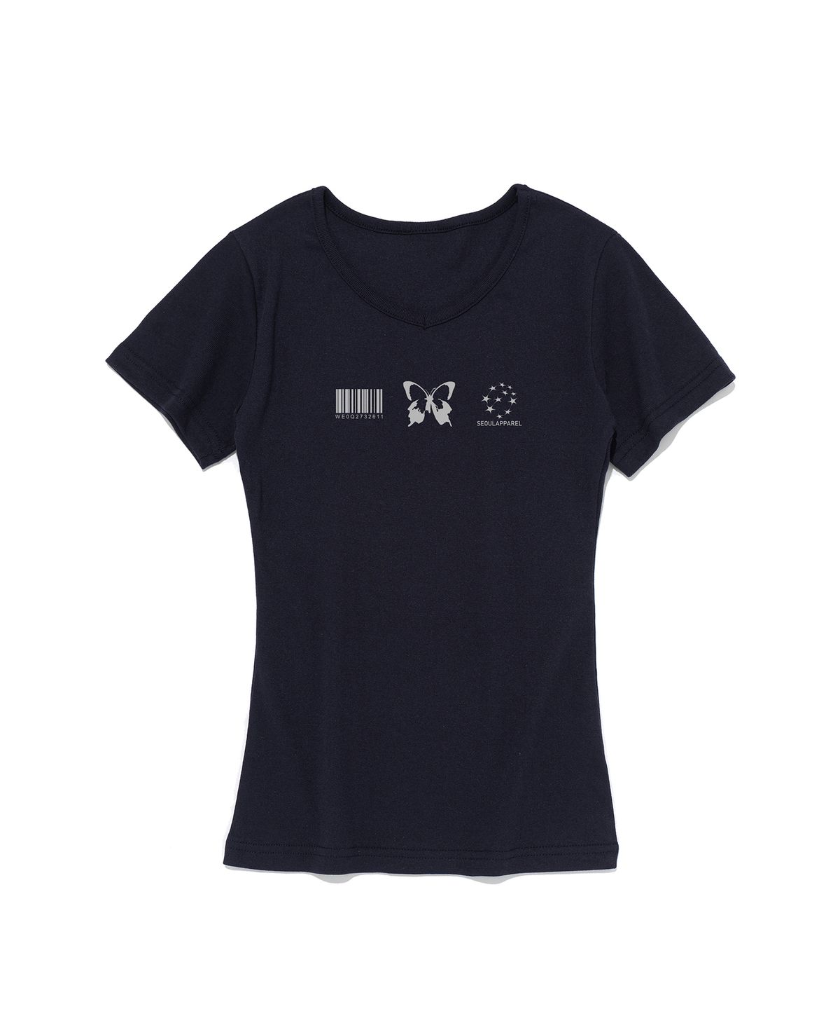 서울어패럴(SEOUL APPAREL) 스몰 버터플라이 로고 슬림 브이넥 반팔티셔츠 (네이비)