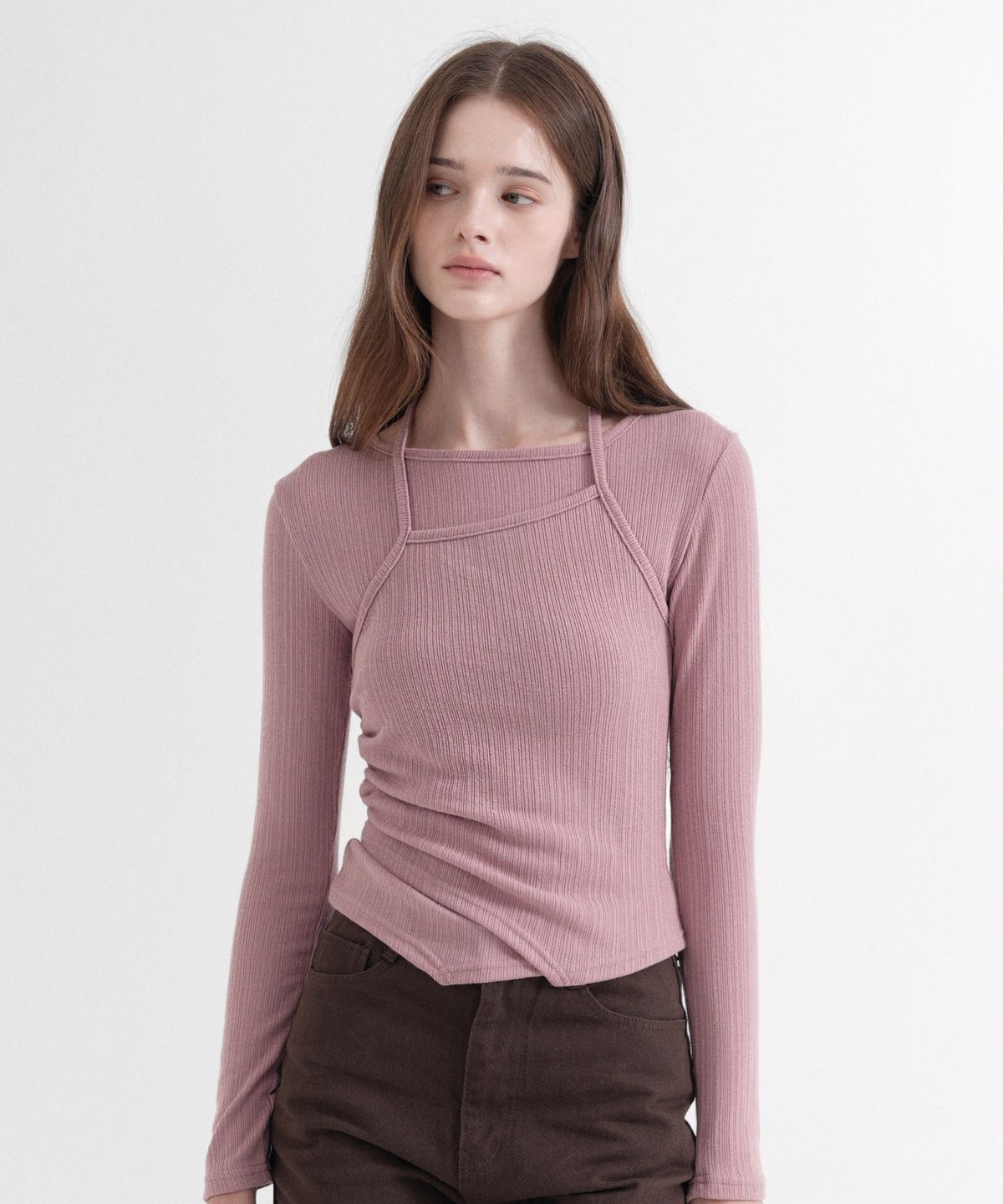 블레티(VLETI) Layered Halter Strap Slim T-Shirt (pink)