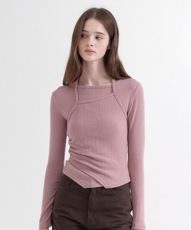 Layered Halter Strap Slim T-Shirt (pink)