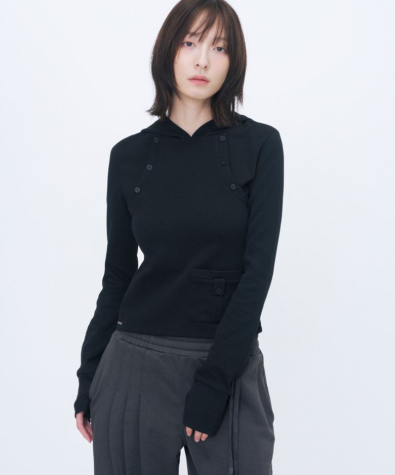 Double placket slim hoodie BLACK