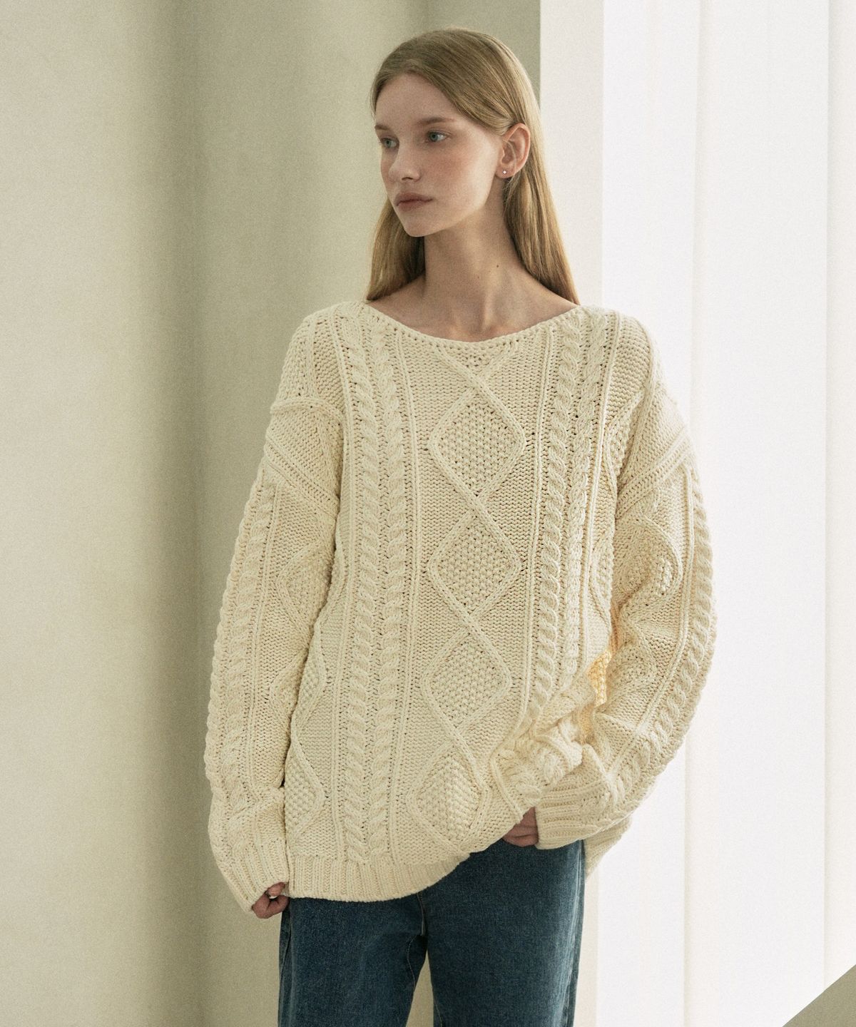 블레티(VLETI) Fisherman Cotton Boat-neck Loosefit Knit (cream)