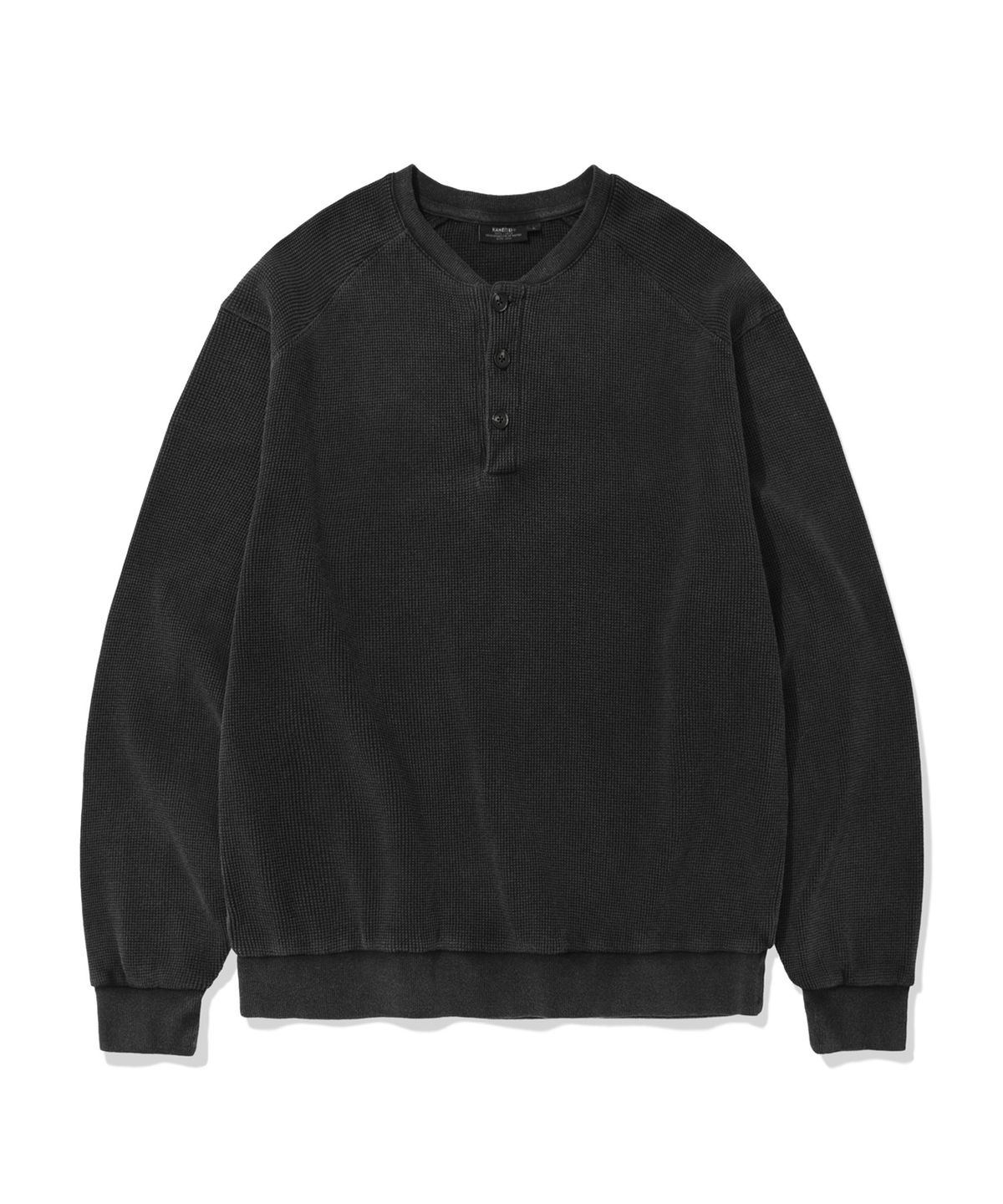카네이테이(KANEITEI) VINTAGE WASHED WAFFLE HENLEY NECK SWEATSHIRT (BLACK)