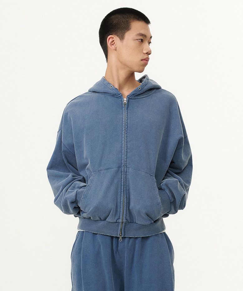 PIGMENT DAMAGE HOODIE ZIP-UP (BLUE)
