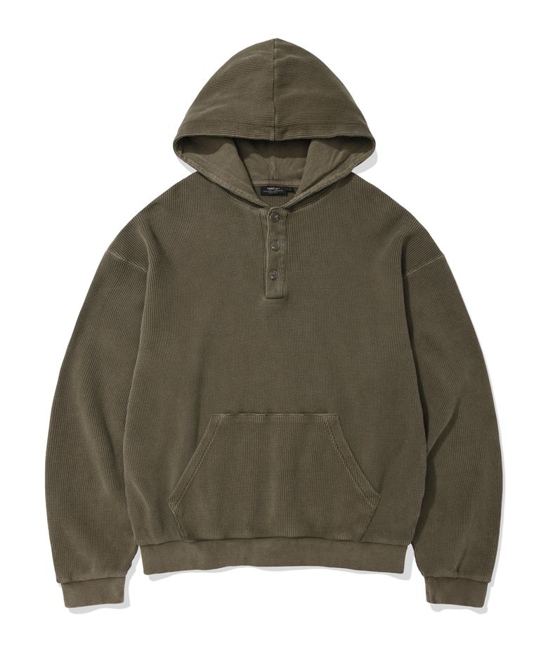 VINTAGE WASHED WAFFLE HENLEY NECK HOODIE (OLIVE DRAB)