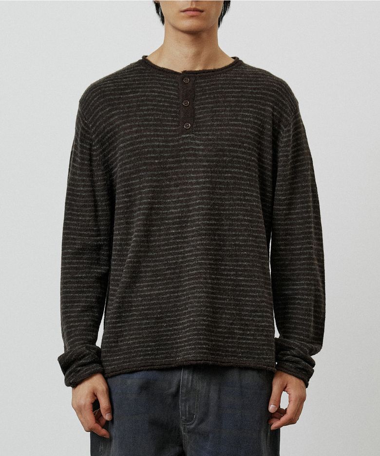 WASHABLE BOHEMIAN STRIPE HENLEY NECK KNIT (BROWN)