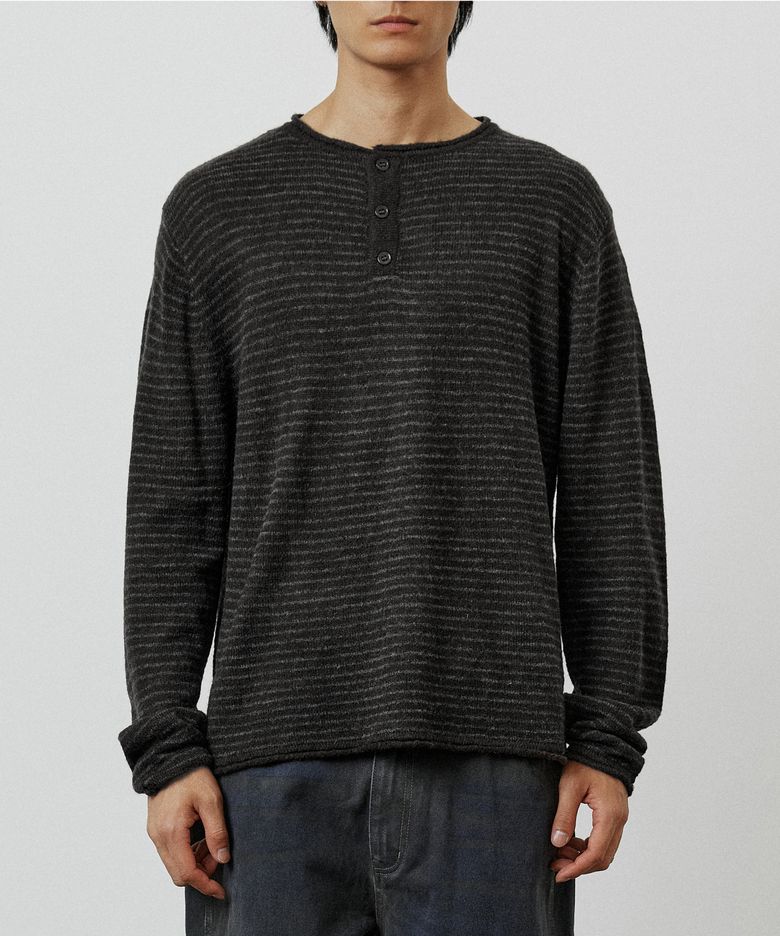 WASHABLE BOHEMIAN STRIPE HENLEY NECK KNIT (CHARCOAL)