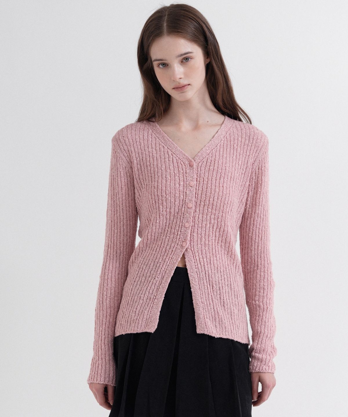블레티(VLETI) V-neck Ribbed Slim Knit Cardigan (Indi pink)