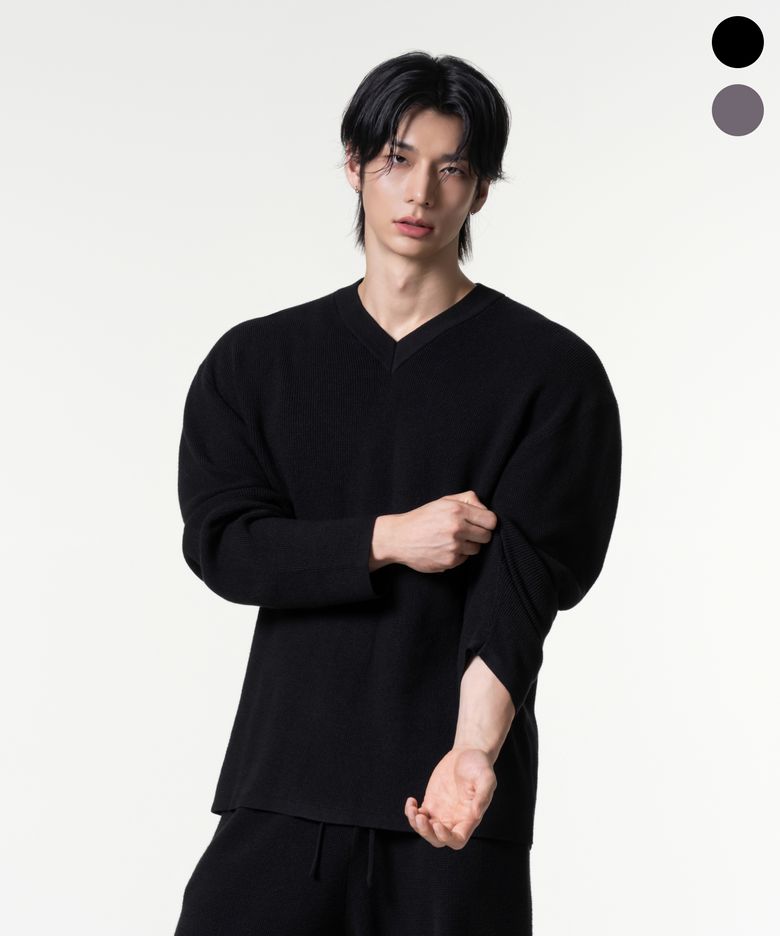와플 니트 브이넥 루즈핏 롱슬리브 2color