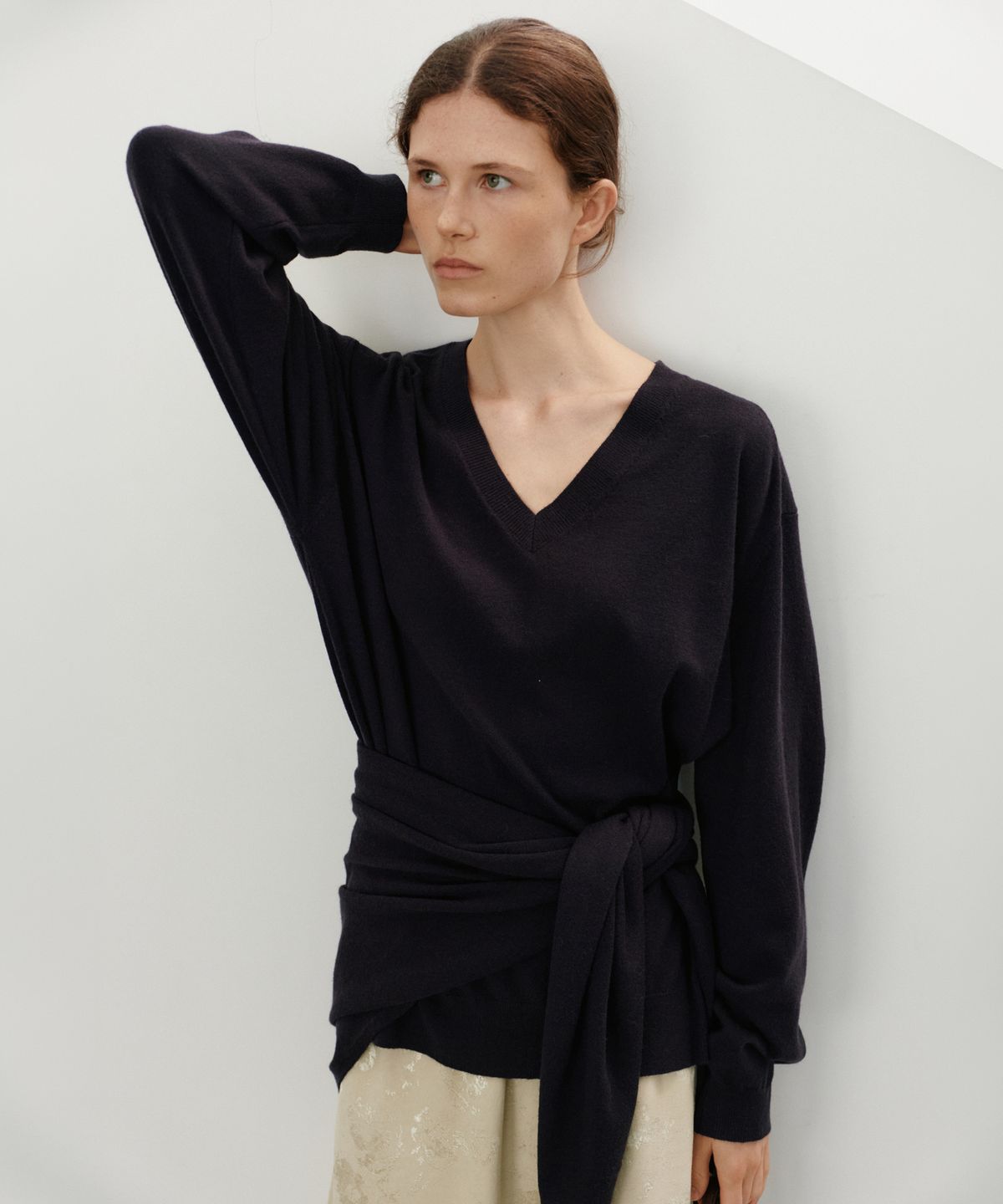 유라고(URAGO) Washable V-neck knit shawl set_Navy