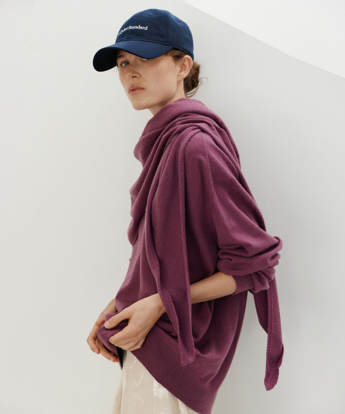 유라고(URAGO) Washable V-neck knit shawl set_Purple