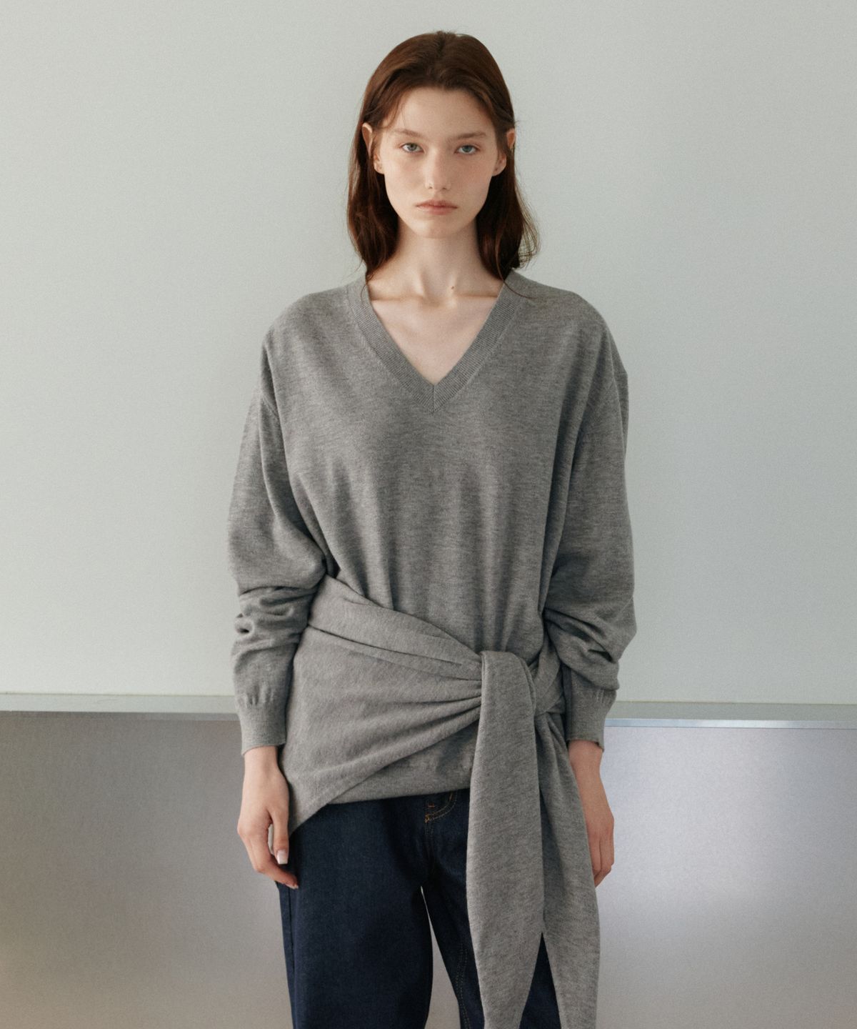 유라고(URAGO) Washable V-neck knit shawl set_Melange gray