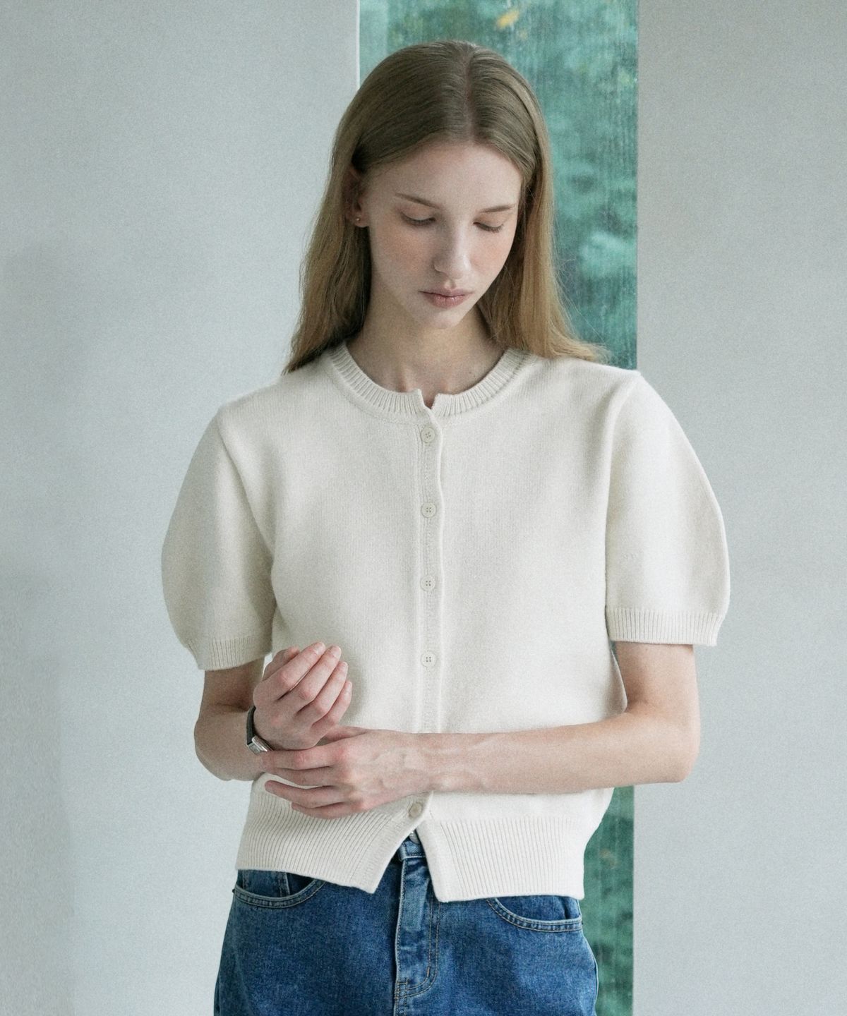 블레티(VLETI) Basic Round Half Knit Cardigan (cream)