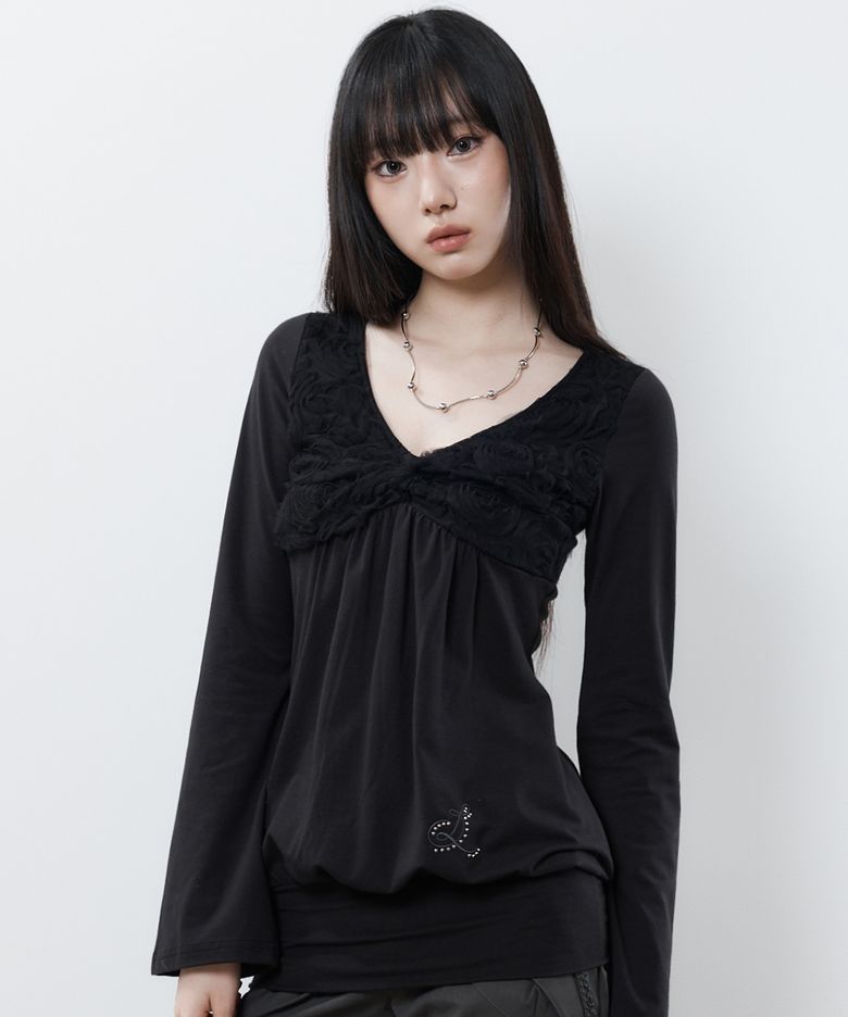 RL BALLOON SHIRRING TOP(BLACK)