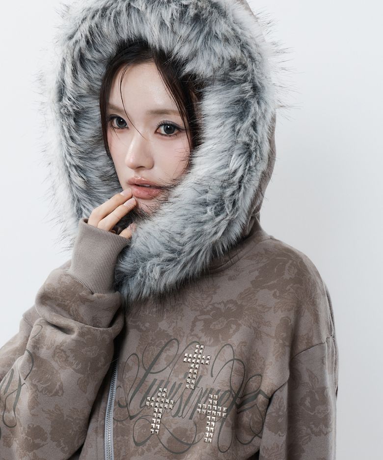 RL CROSS LETTERING FUR HOOD ZIP UP(BROWN)