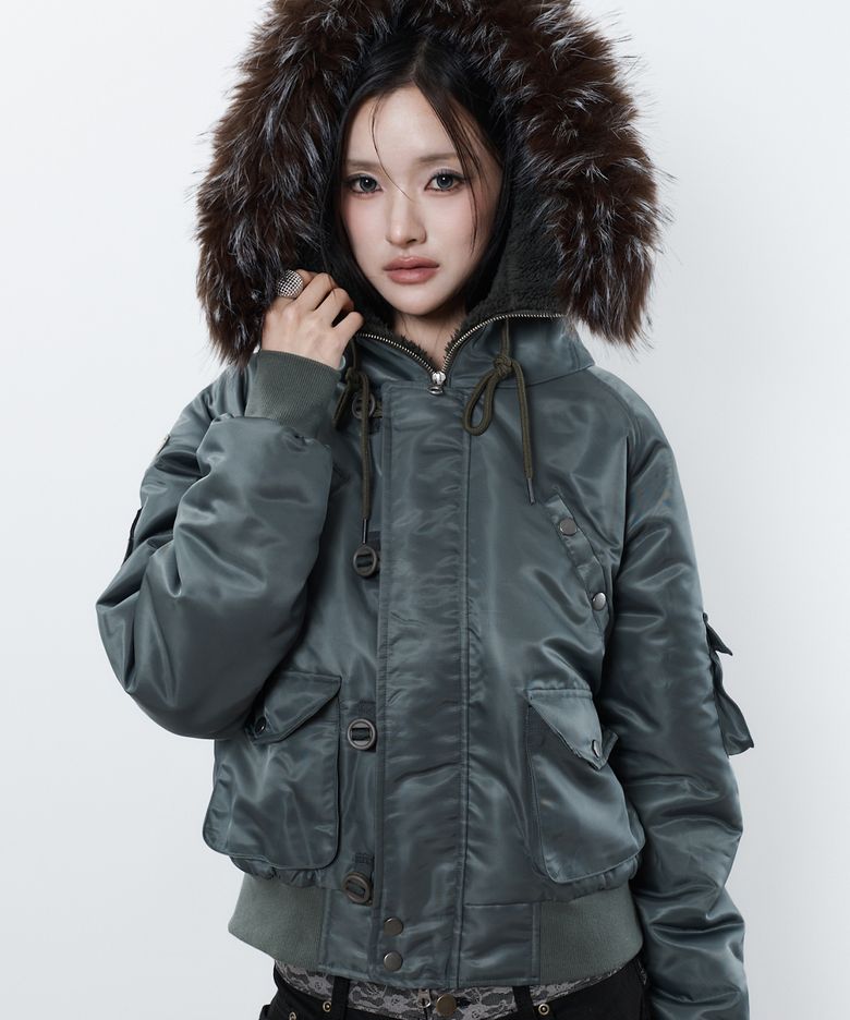 RL FUR TRIM PATCH BOMBER JACKET(KHAKI)