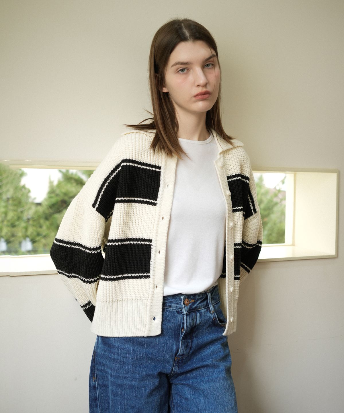 블레티(VLETI) Wool Stripe Collar Knit Cardigan (cream)