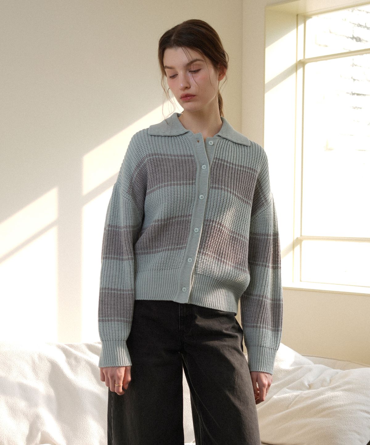 블레티(VLETI) Wool Stripe Collar Knit Cardigan (mint)
