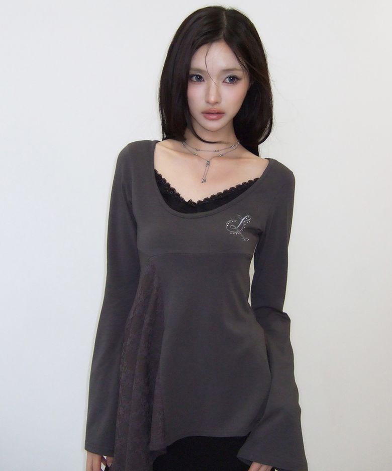 RL LAYERED LACE TEE(CHARCOAL)